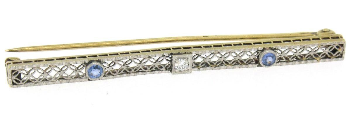 Antique Two Tone 14k Gold Diamond & Synthetic Sapphire Open Filigree Bar Pin