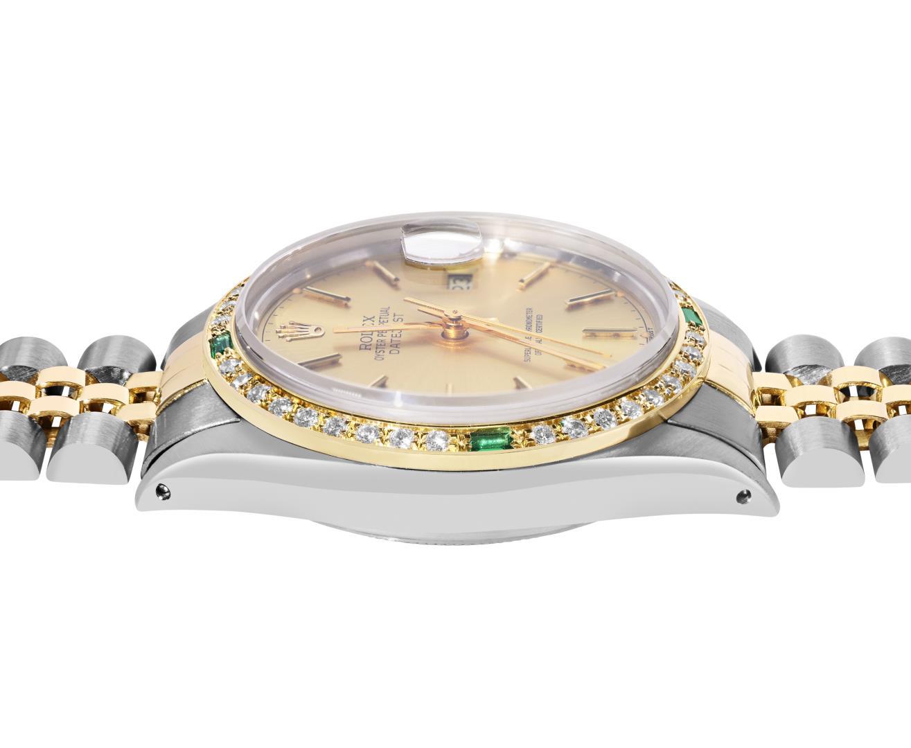 Rolex Mens 2 Tone Champagne Index Diamond And Emerald Bezel Datejust Wristwatch