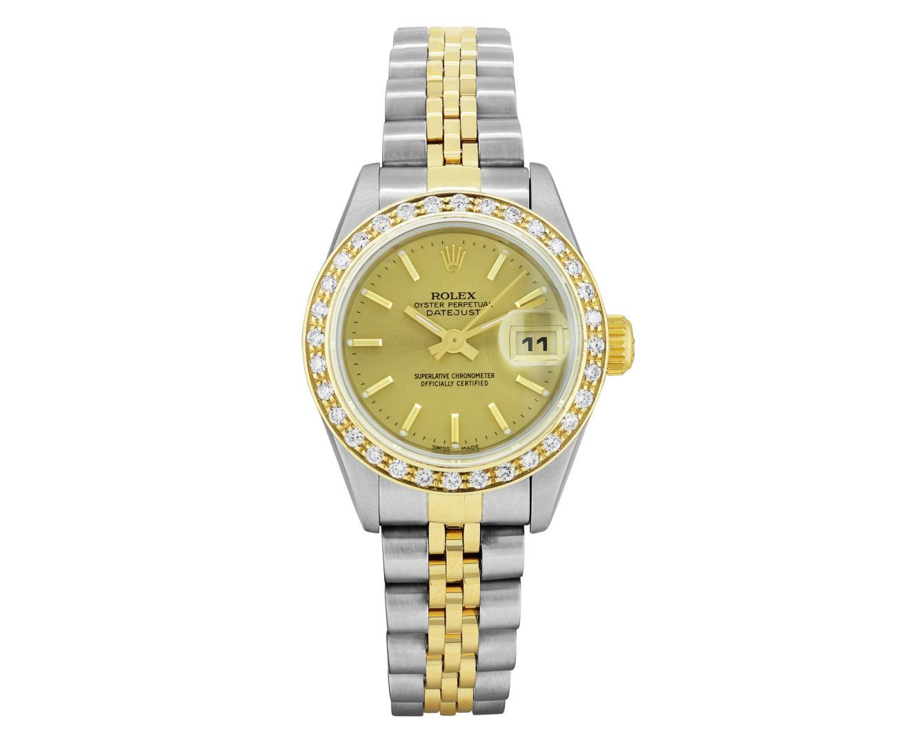 Rolex Ladies 18K Two Tone Gold And Steel Champagne Index Diamond Bezel Datejust