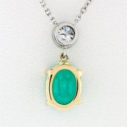 NEW 14K TT Gold 1.44 ctw Oval Emerald & Round Diamond Drop Dangle Pendant Neckla