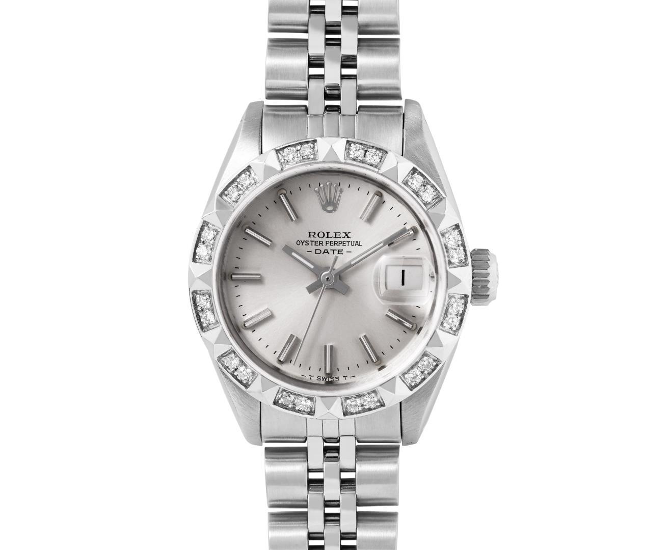 Rolex Ladies Stainless Steel Silver Index Pyramid Diamond Bezel Date Watch