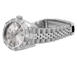 Rolex Ladies Stainless Steel Silver Index Pyramid Diamond Bezel Date Watch