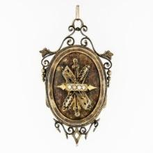 Antique Victorian 14k Gold Seed Pearl & Black Enamel Etched Oval Locket Pendant