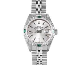 Rolex Ladies Stainless Steel Silver Index Diamond And Emerald Date Watch