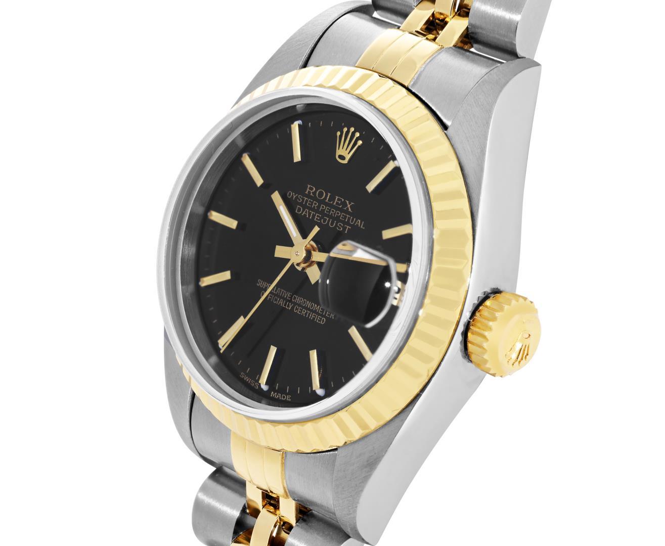 Rolex Ladies 18K Two Tone Gold And Steel Black Index 18K Yellow Gold Fluted Beze