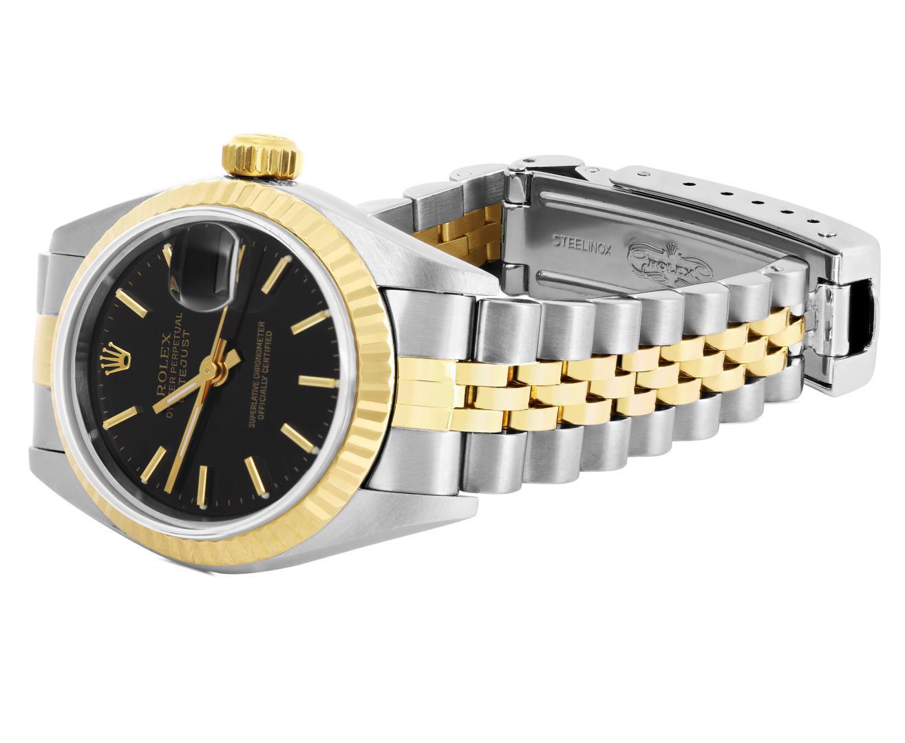 Rolex Ladies 18K Two Tone Gold And Steel Black Index 18K Yellow Gold Fluted Beze