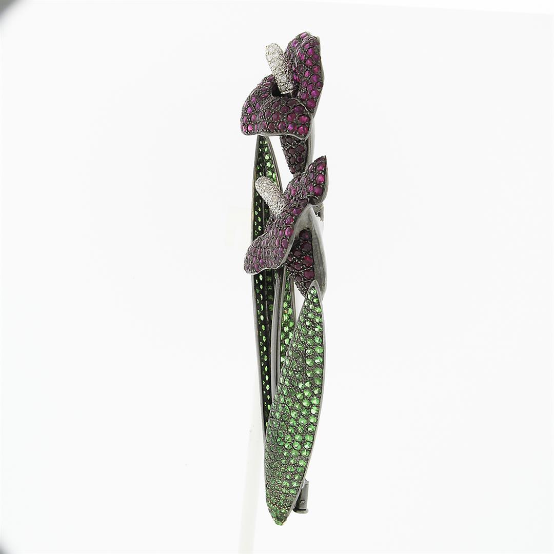 Vintage 18k Black Gold Large Tsavorite Garnet Ruby Diamond Calla Lily Brooch Pin