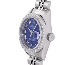 Rolex Ladies Stainless Steel Quickset Blue Roman Diamond Bezel Date Wristwatch