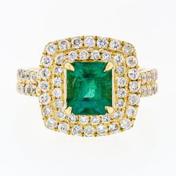 18K Gold 2.72 ctw GIA Fine Emerald & Double Halo Diamond Statement Cocktail Ring