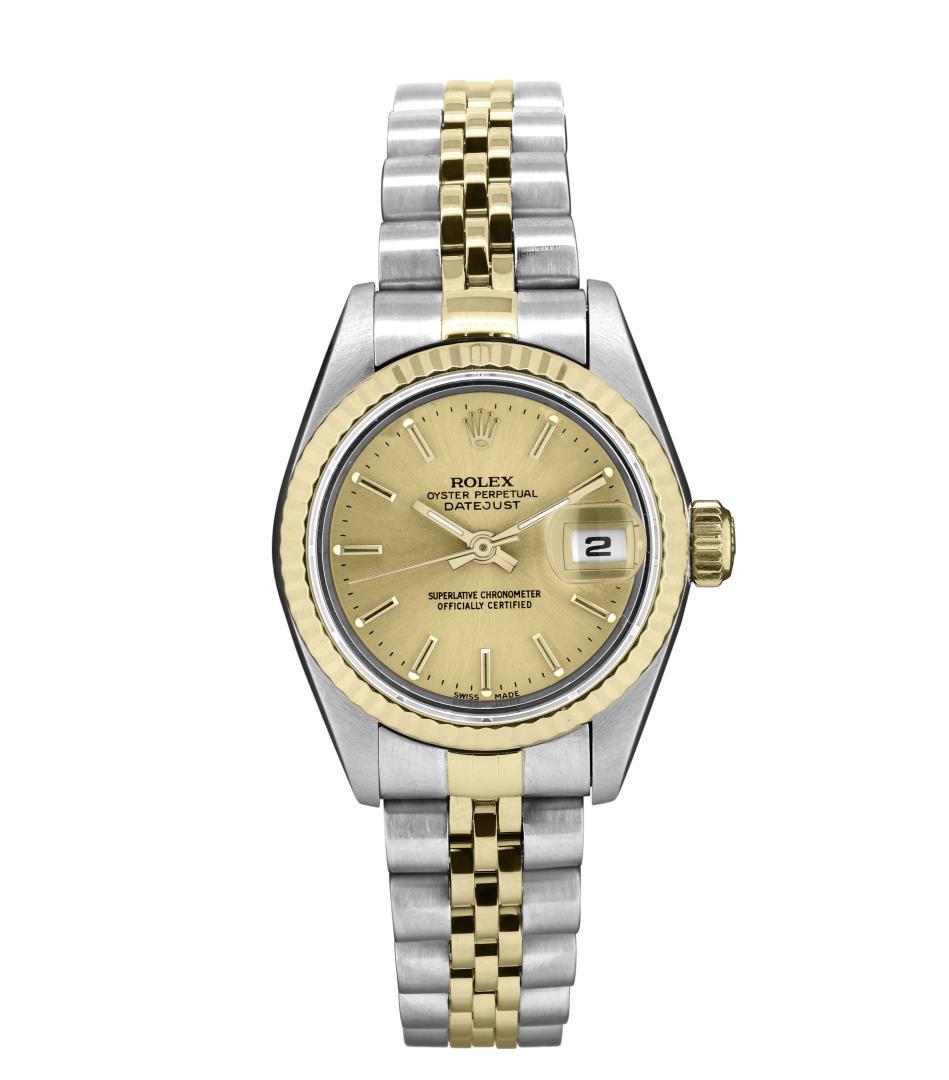 Rolex Ladies 18K Two Tone Gold And Steel Champagne Index Datejust With Rolex Box