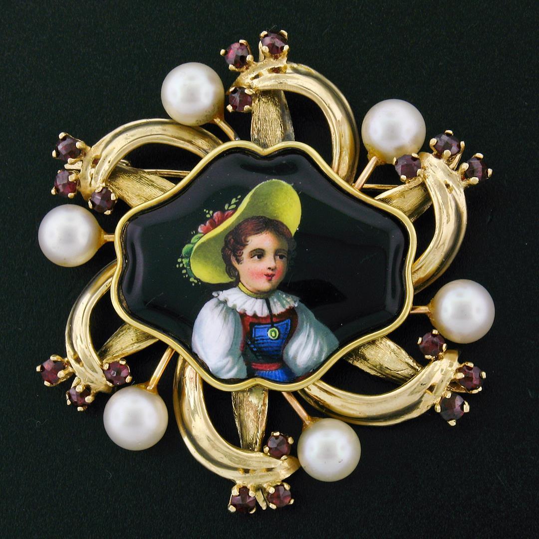 Vintage 14k Gold Hand Painted Portrait, Garnet, & Pearl Open Frame Brooch