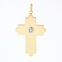 Vintage 14k Yellow Gold Wide Polished 0.15 ctw Bezel Diamond Cross Charm Pendant