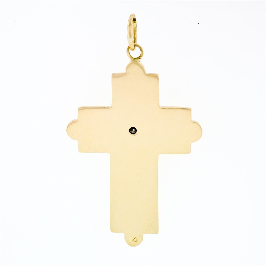 Vintage 14k Yellow Gold Wide Polished 0.15 ctw Bezel Diamond Cross Charm Pendant