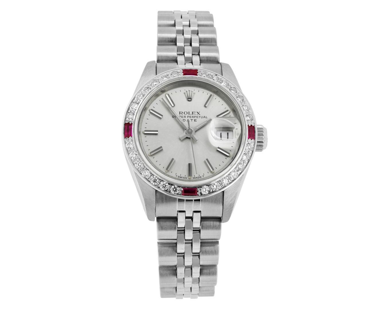 Rolex Ladies Stainless Steel Quickset Silver Index Dial Diamond And Ruby Bezel D