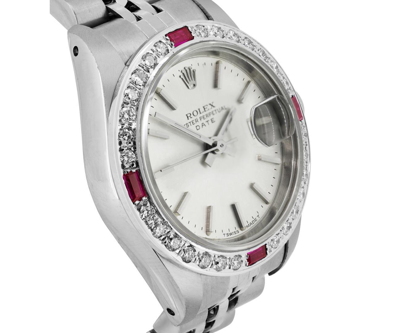 Rolex Ladies Stainless Steel Quickset Silver Index Dial Diamond And Ruby Bezel D