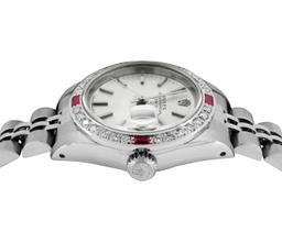 Rolex Ladies Stainless Steel Quickset Silver Index Dial Diamond And Ruby Bezel D