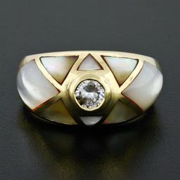 18K Yellow Gold .33 ctw Diamond Mosaic Inlaid Mother of Pearl Domed Wide Band Ri