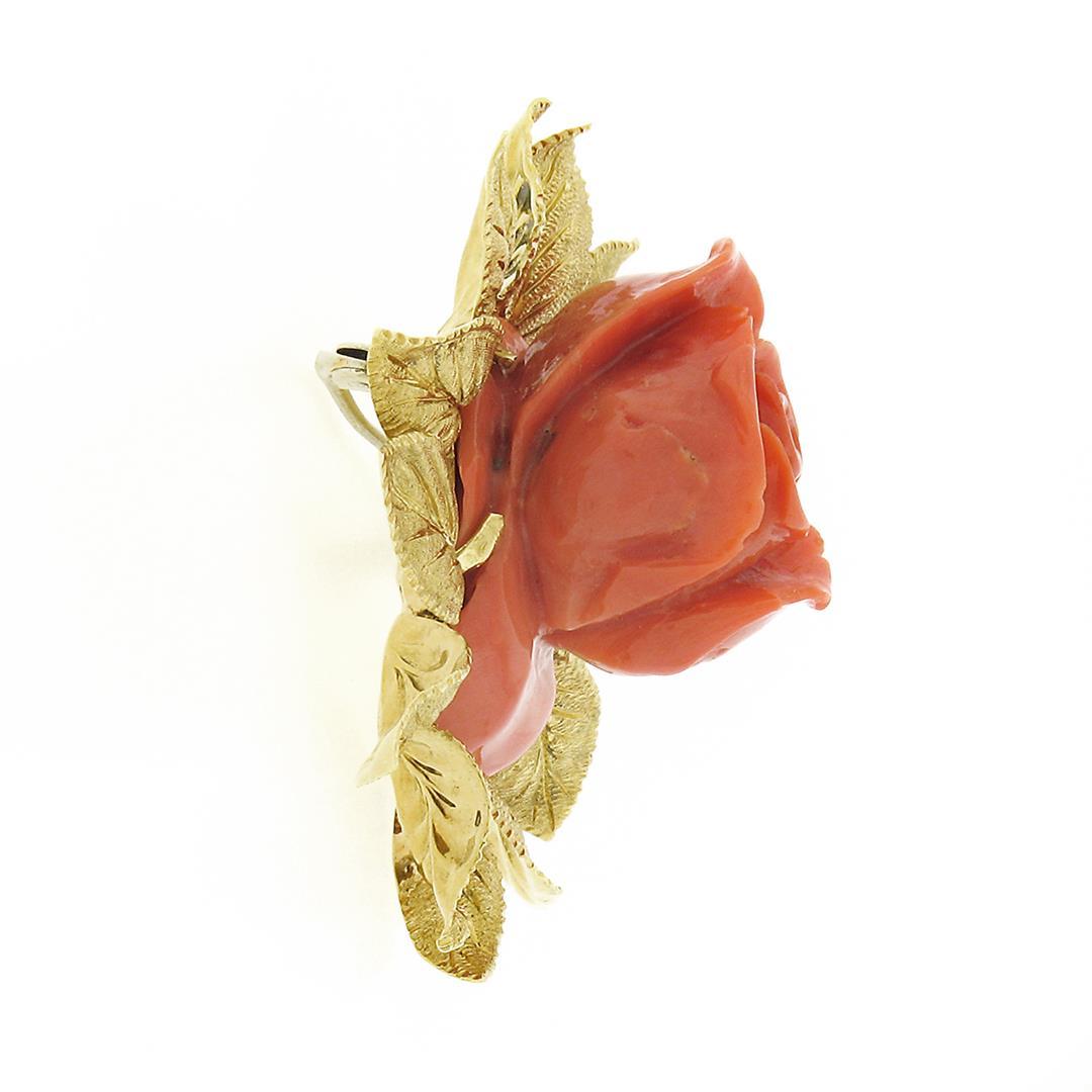 Vintage GIA NO DYE Carved Rose Coral Pin Brooch w/ 18k Gold Textured Leaf Frame