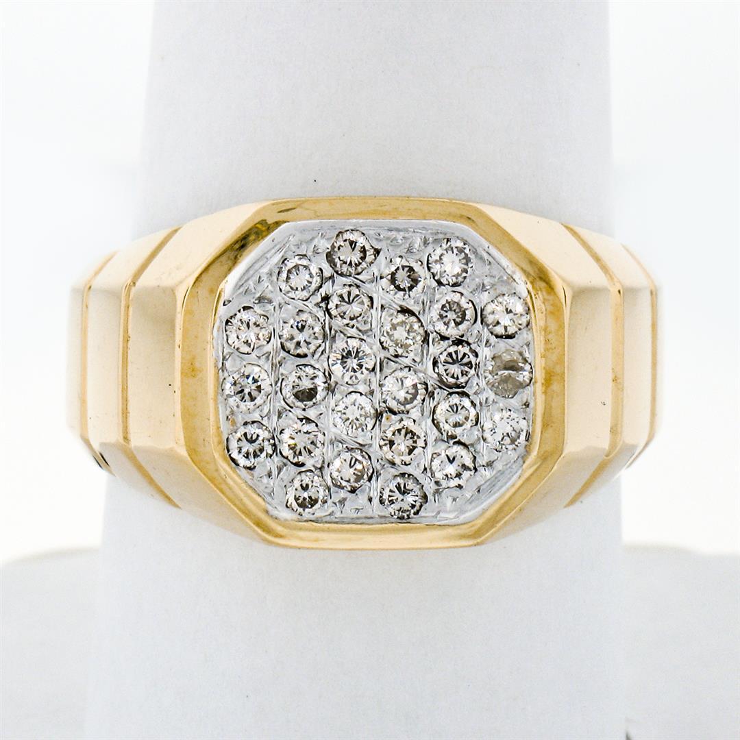 Vintage Men's 14k TT Gold .52 ctw Round Pave Diamond Cluster Ring w/ Ribbed Shan