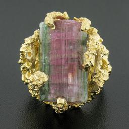 Vintage 14k Gold Uncut Watermelon Tourmaline Open Freeform Nugget Textured Ring