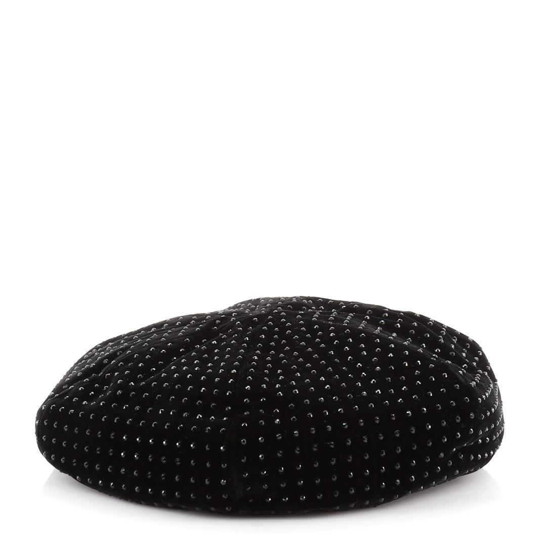 Saint Laurent YSL Beret Crystal Embellished Velvet Black