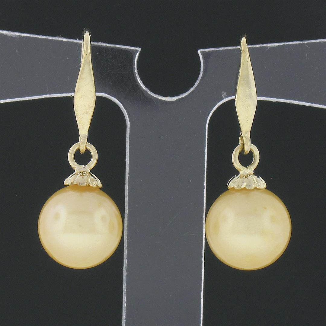 Vintage 14K Yellow Gold Round Cultured Pearl Solitaire Drop Dangle Earrings