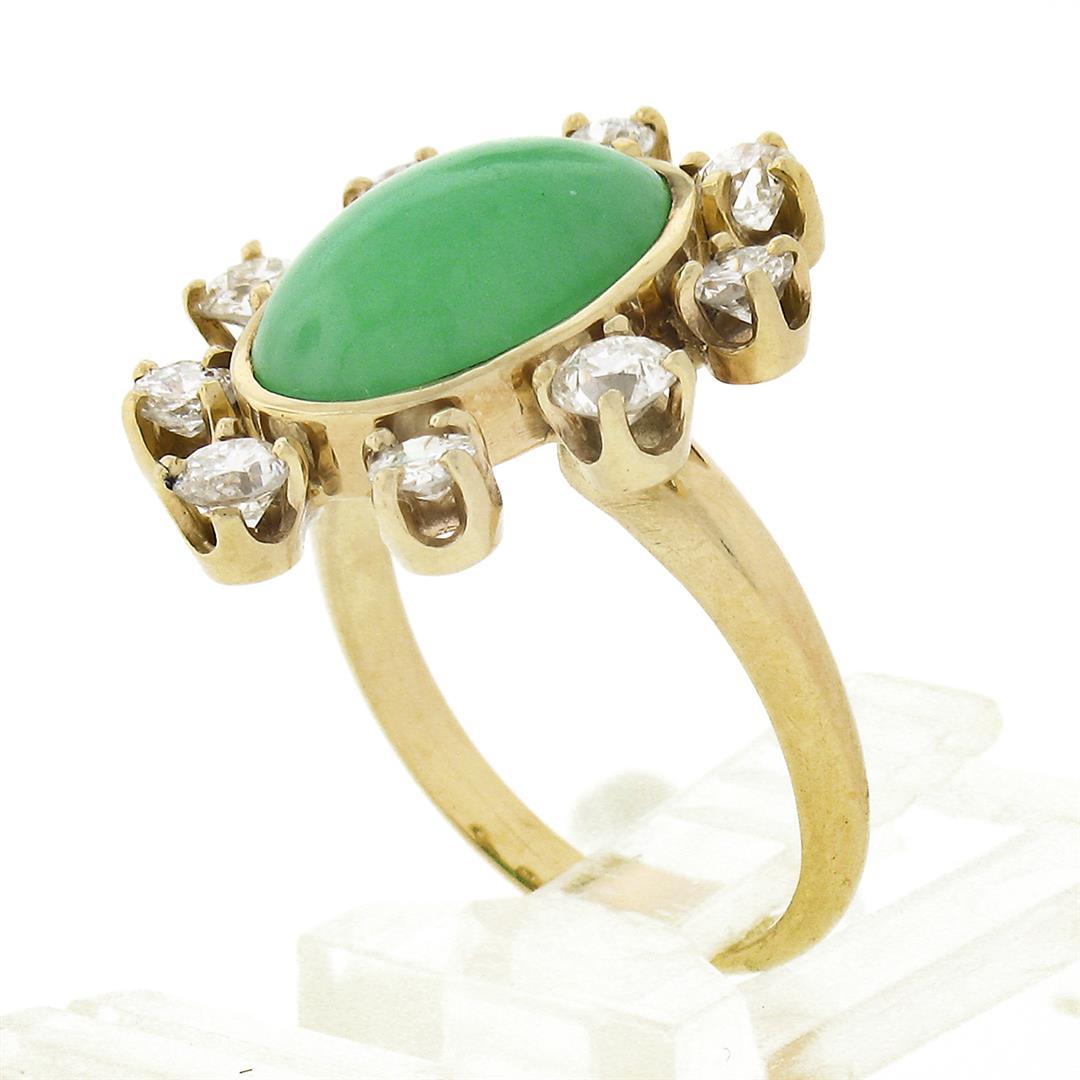 Vintage 14k Gold Oval Cabochon Jade & 1.1 ctw European Diamond Halo Cocktail Rin