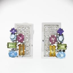 18k White Gold 3.86 ctw Multi Color Gemstone Round Diamond Cluster Cuff Earrings