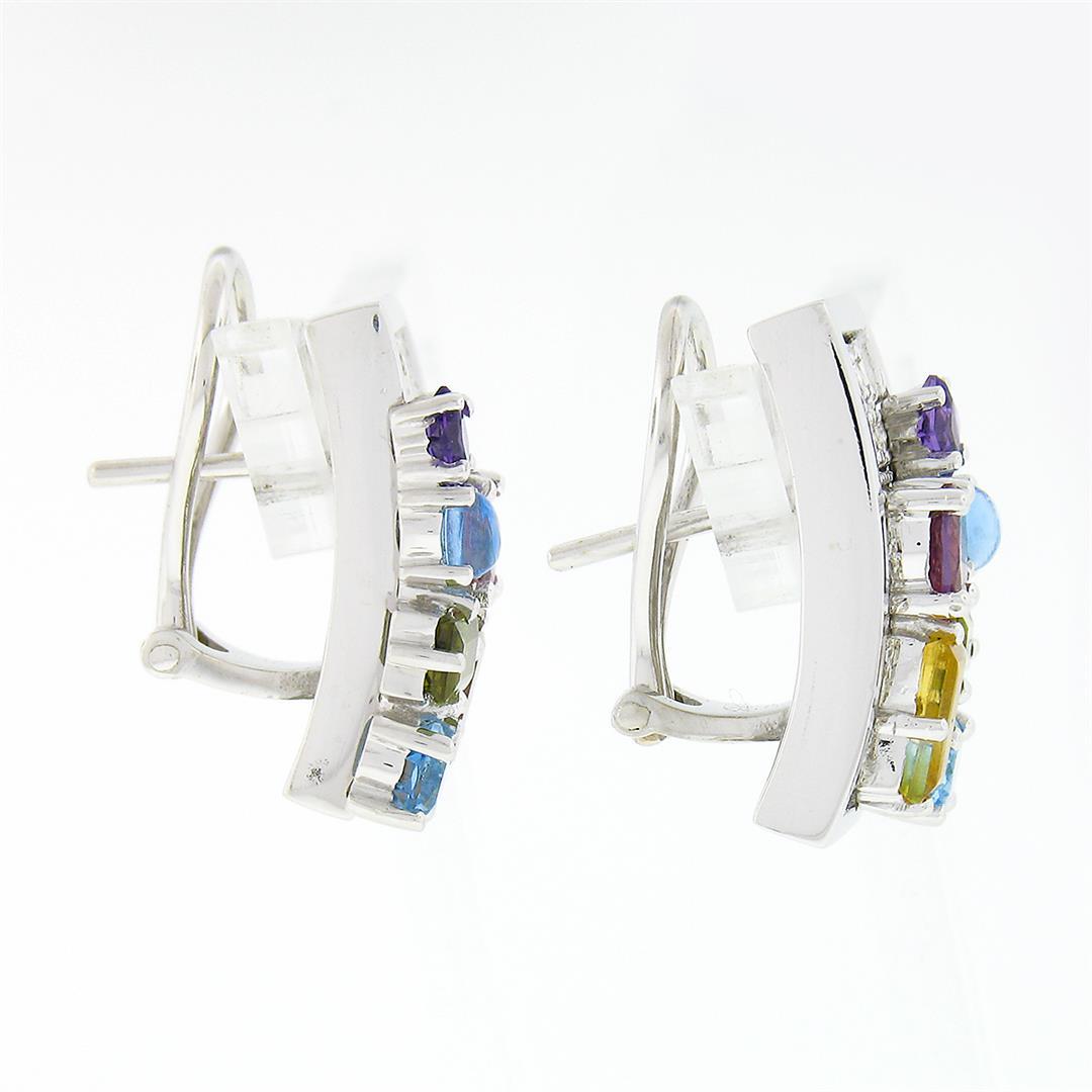 18k White Gold 3.86 ctw Multi Color Gemstone Round Diamond Cluster Cuff Earrings