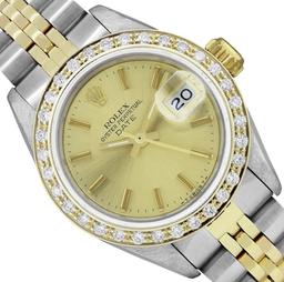 Rolex Ladies Two Tone Gold And Steel Champagne Index Diamond Bezel Date Wristwat