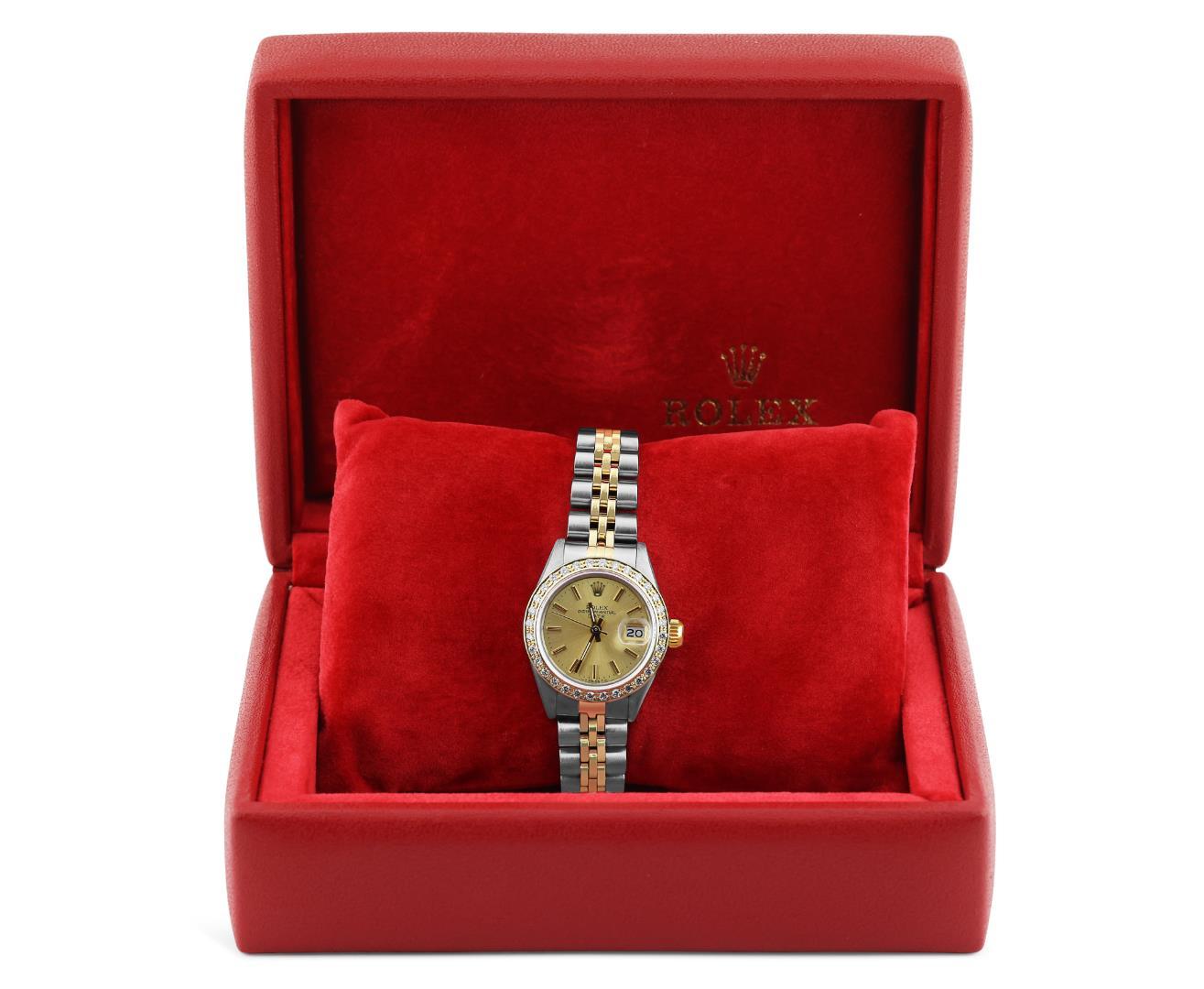 Rolex Ladies Two Tone Gold And Steel Champagne Index Diamond Bezel Date Wristwat