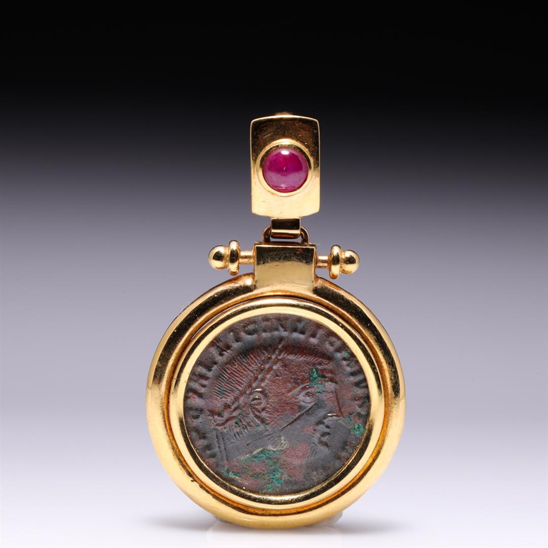 18K Yellow Gold Ruby & Ancient Roman Copper Coin Pendant