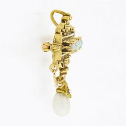 Vintage Victorian Revival 14K Gold Opal Cultured Pearl Dangle Brooch Pin Pendant