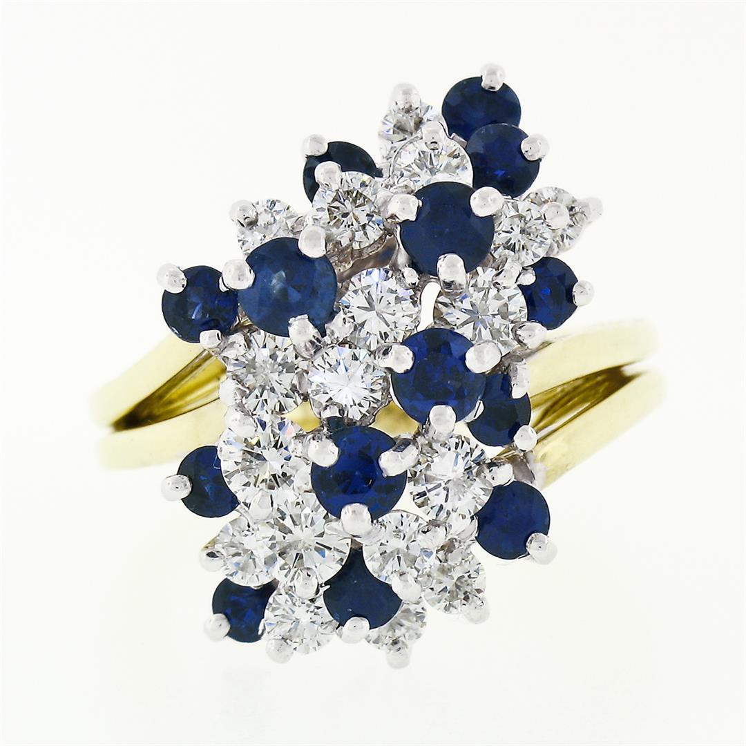 Vintage 18K Gold 2.20 ctw Royal Blue Sapphire Diamond Tiered Cocktail Cluster Ri