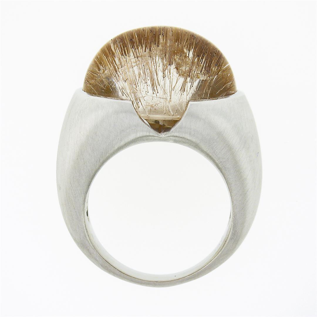 18K Gold Oval Half Bezel Rutilated Quartz Solitaire Brushed Finish Cocktail Ring