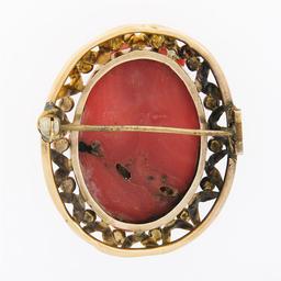 Large Antique Victorian GIA Carved Red Coral Cameo w/ 14k Gold Open Frame Brooch