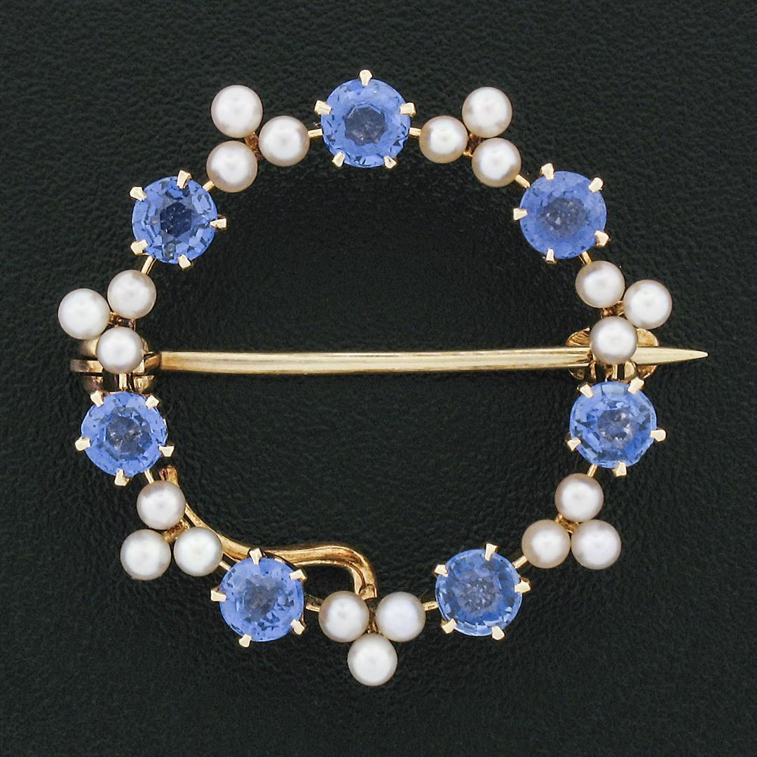 Antique Art Nouveau 14k Gold GIA Montana Sapphire & Pearl Wreath Enhancer Brooch