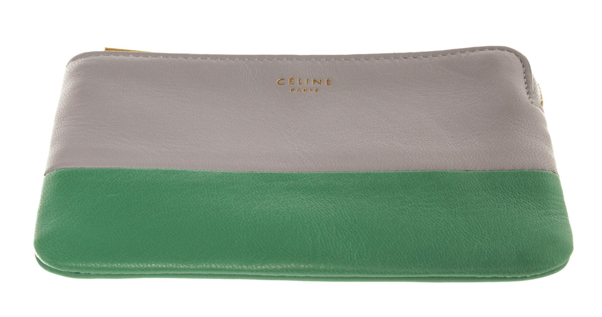 Celine Gray & Green Bicolor Solo Clutch Leather Coin Pouch