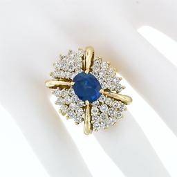 Large Vintage 14k Gold 6.24 ctw GIA Oval Ceylon Sapphire & Diamond Cocktail Ring