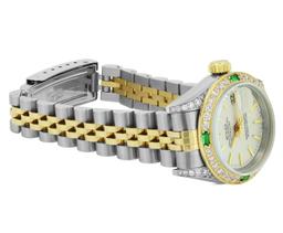 Rolex Ladies 18K Two Tone Gold And Steel Silver Index Diamond Lugs And Emerald D