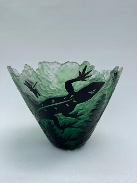 Green Lizard sculpted glass bowl by Santana Art Glass