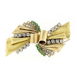 Antique 18k Gold 3.24 ctw Old Cut Diamond & Emerald Ribbon Dual Dress Clip Brooc