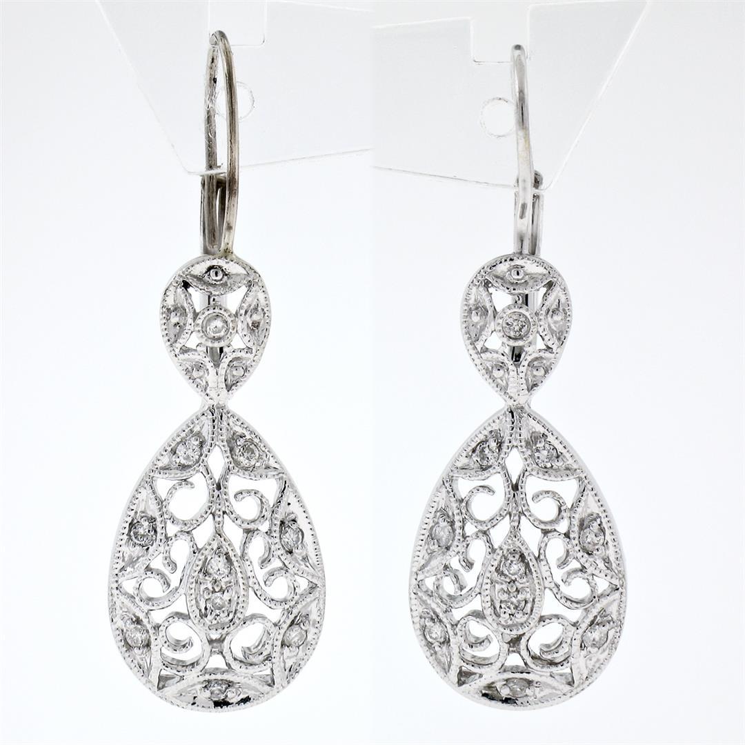 14K White Gold 0.10 ctw Round Diamond Milgrain Open Lace Teardrop Dangle Earring