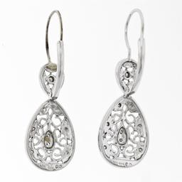 14K White Gold 0.10 ctw Round Diamond Milgrain Open Lace Teardrop Dangle Earring