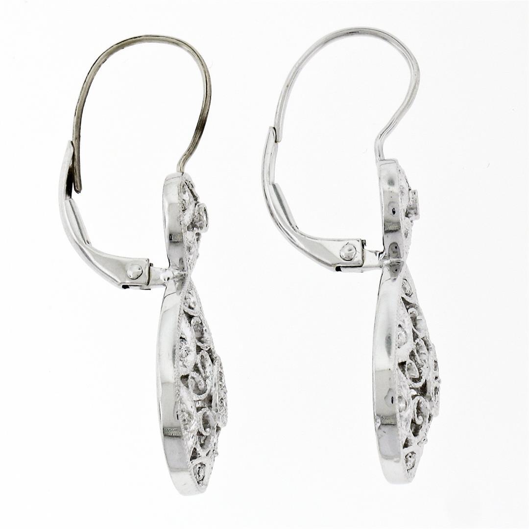 14K White Gold 0.10 ctw Round Diamond Milgrain Open Lace Teardrop Dangle Earring