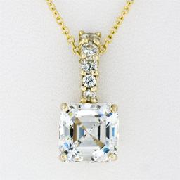 QUALITY 14K Yellow Gold Large Asscher Cut & 5 Round Hand Set CZ Pendant Necklace