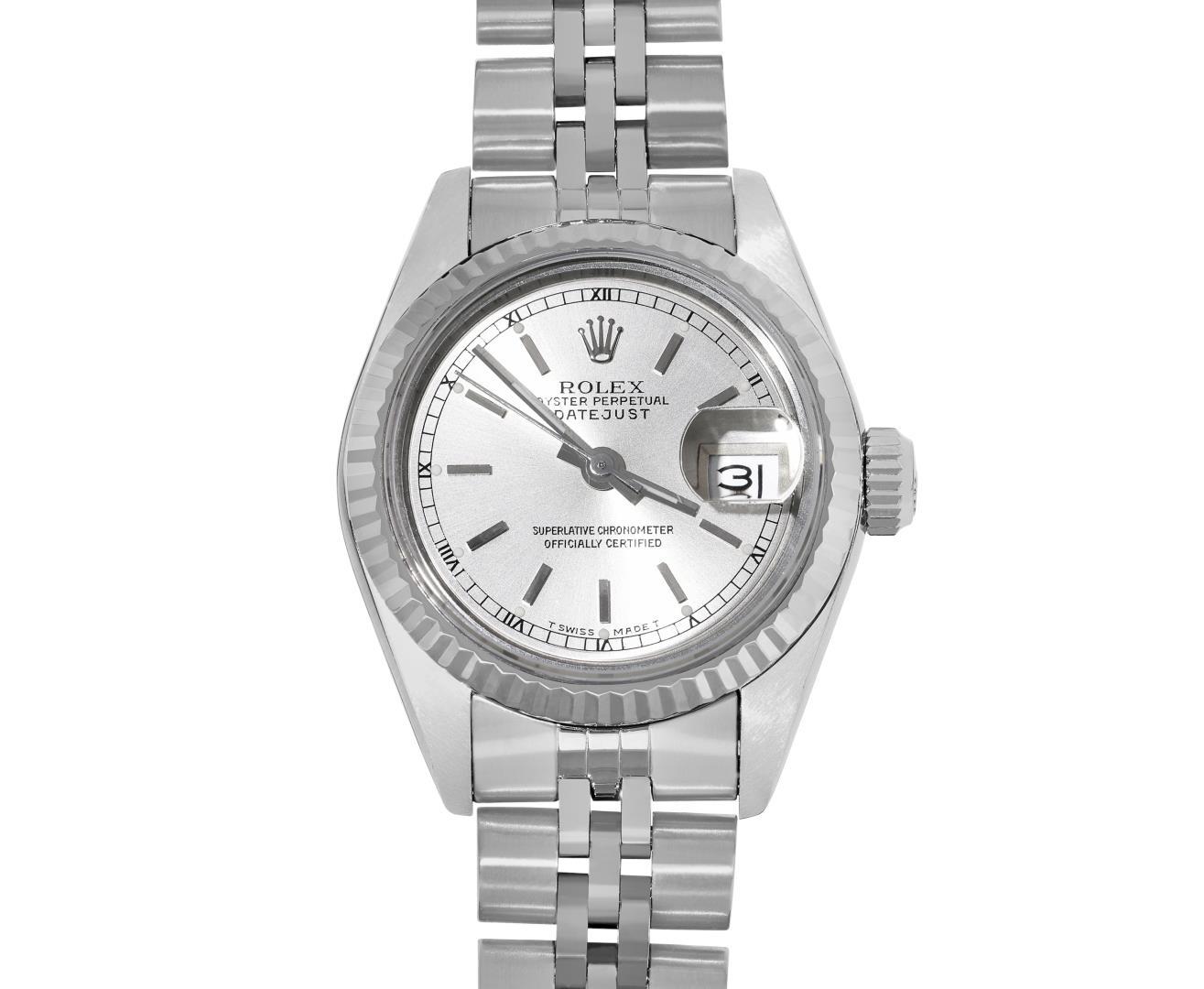 Rolex Ladies Stainless Steel Quickset Silver Index Fluted Bezel Datejust With Ro