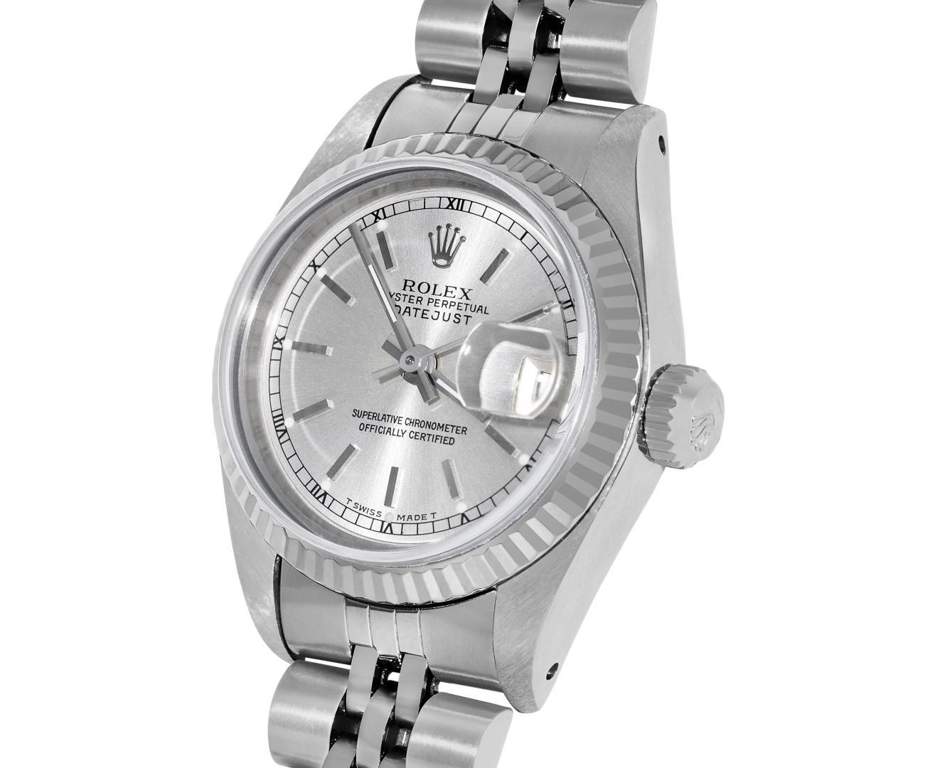 Rolex Ladies Stainless Steel Quickset Silver Index Fluted Bezel Datejust With Ro