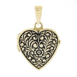 NEW 14k Yellow Gold Engraved Floral Work w/ Black Enamel Heart Locket Pendant