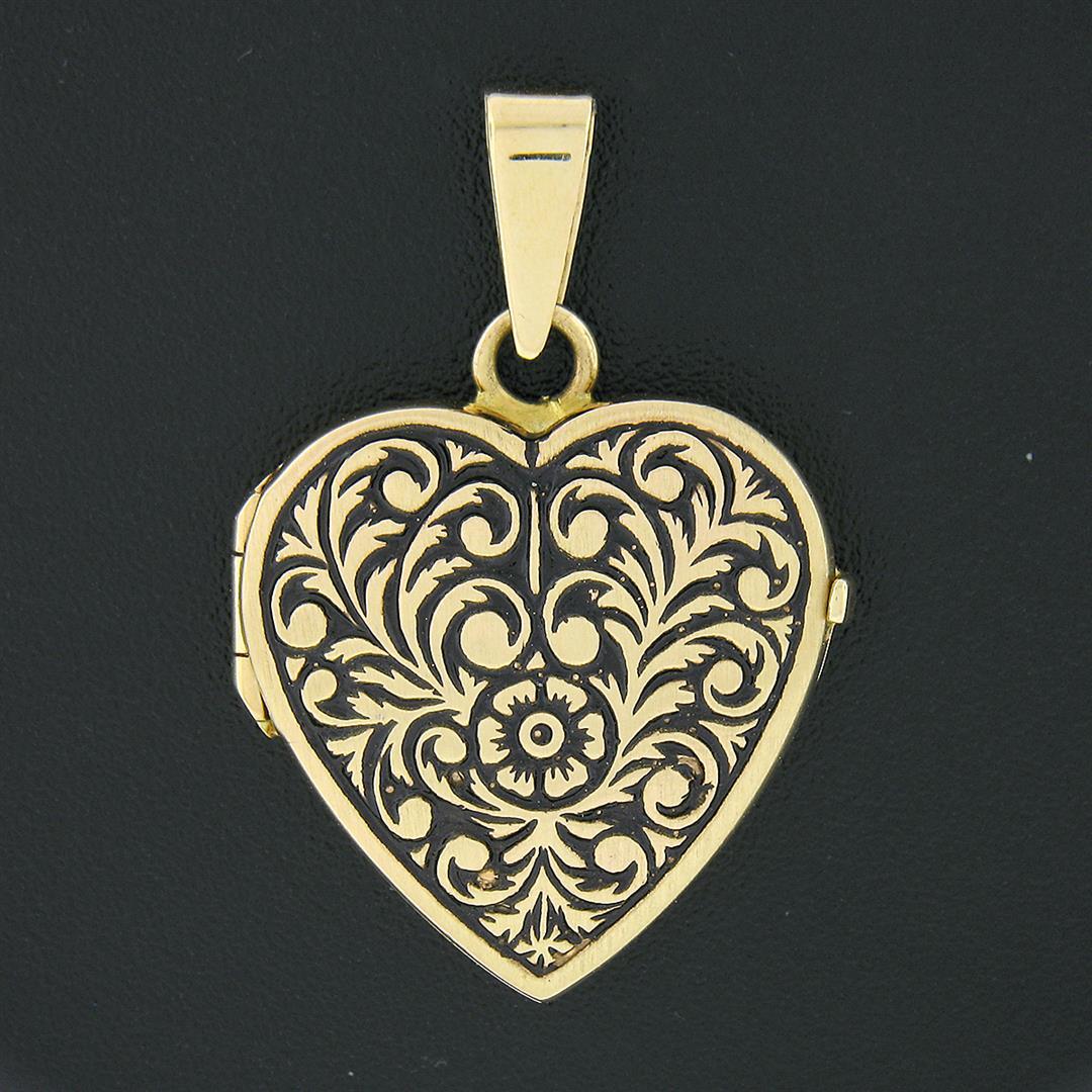 NEW 14k Yellow Gold Engraved Floral Work w/ Black Enamel Heart Locket Pendant